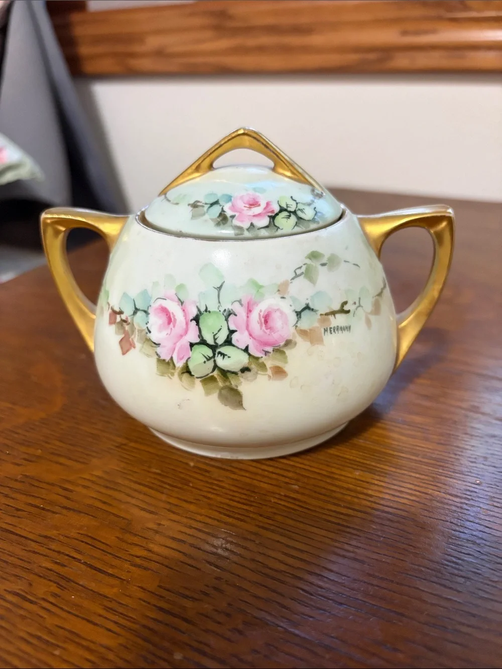 Vintage Porcelain Pink Rose Creamer and Sugar Set with Gold Trim